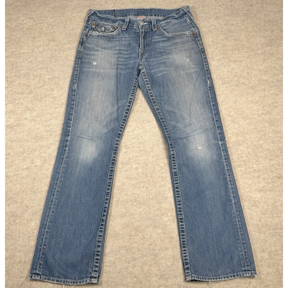 True Religion Straight Leg Jeans Flaps Blue Distressed Mens 33x31 Denim *Read*